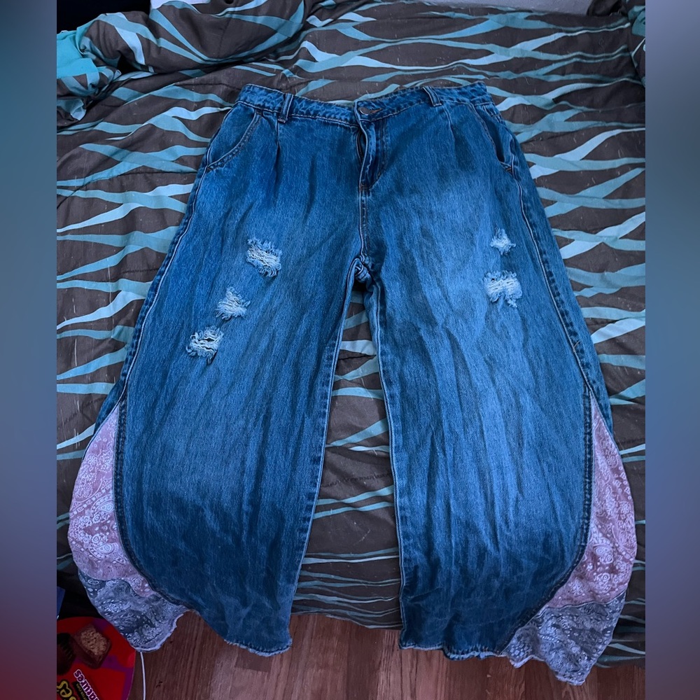Hippy or southern jeans with blue and pink bandana print flares!